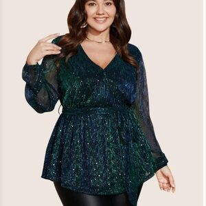 BloomChic Plus Size V-Neck Waist Pleat Blouse Lantern Sleeves Sparkly Peplum Top